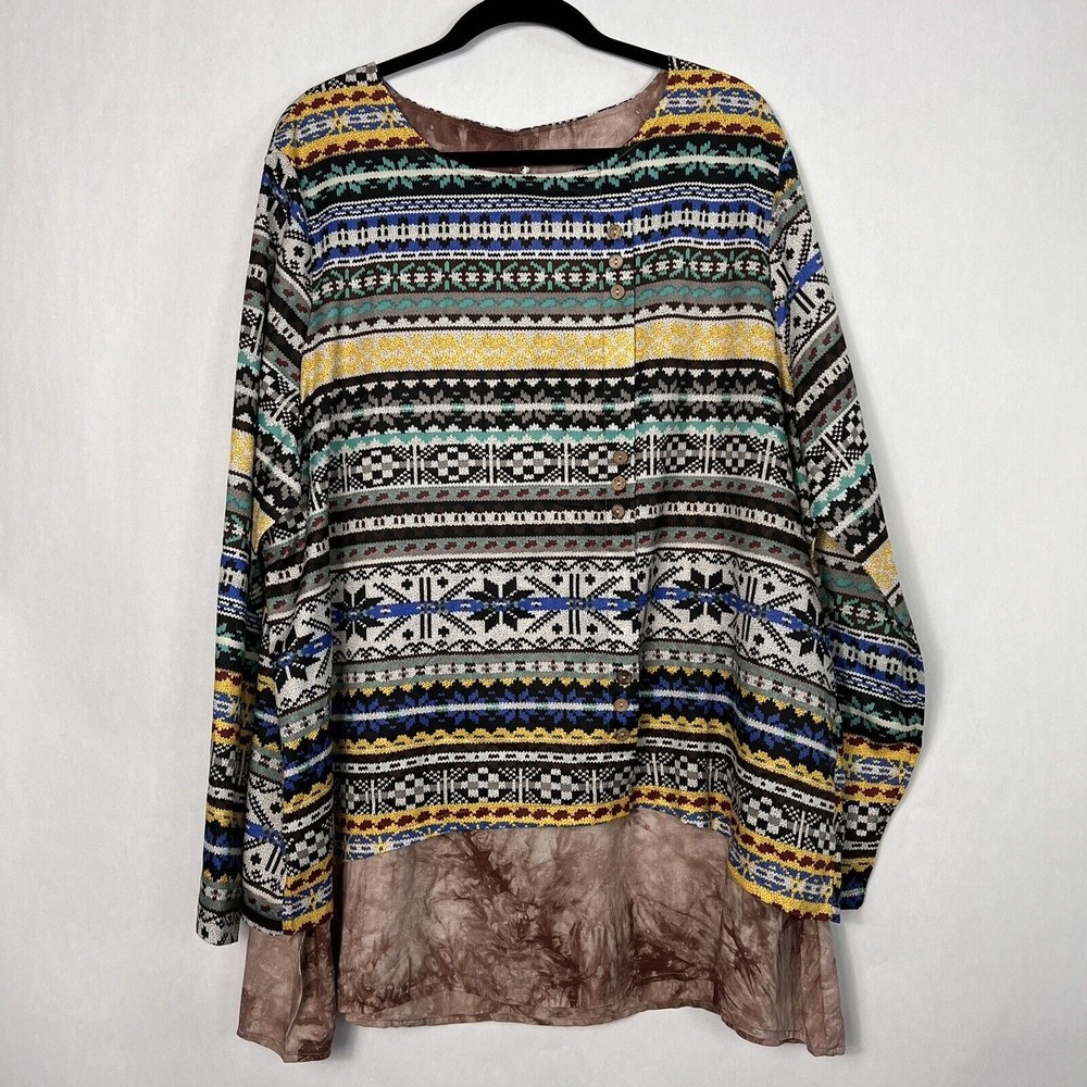 Jimmy Yoo Tunic Top Womens 2X Multi Aztec Striped Satin Tie Dye Hem Lagenlook
